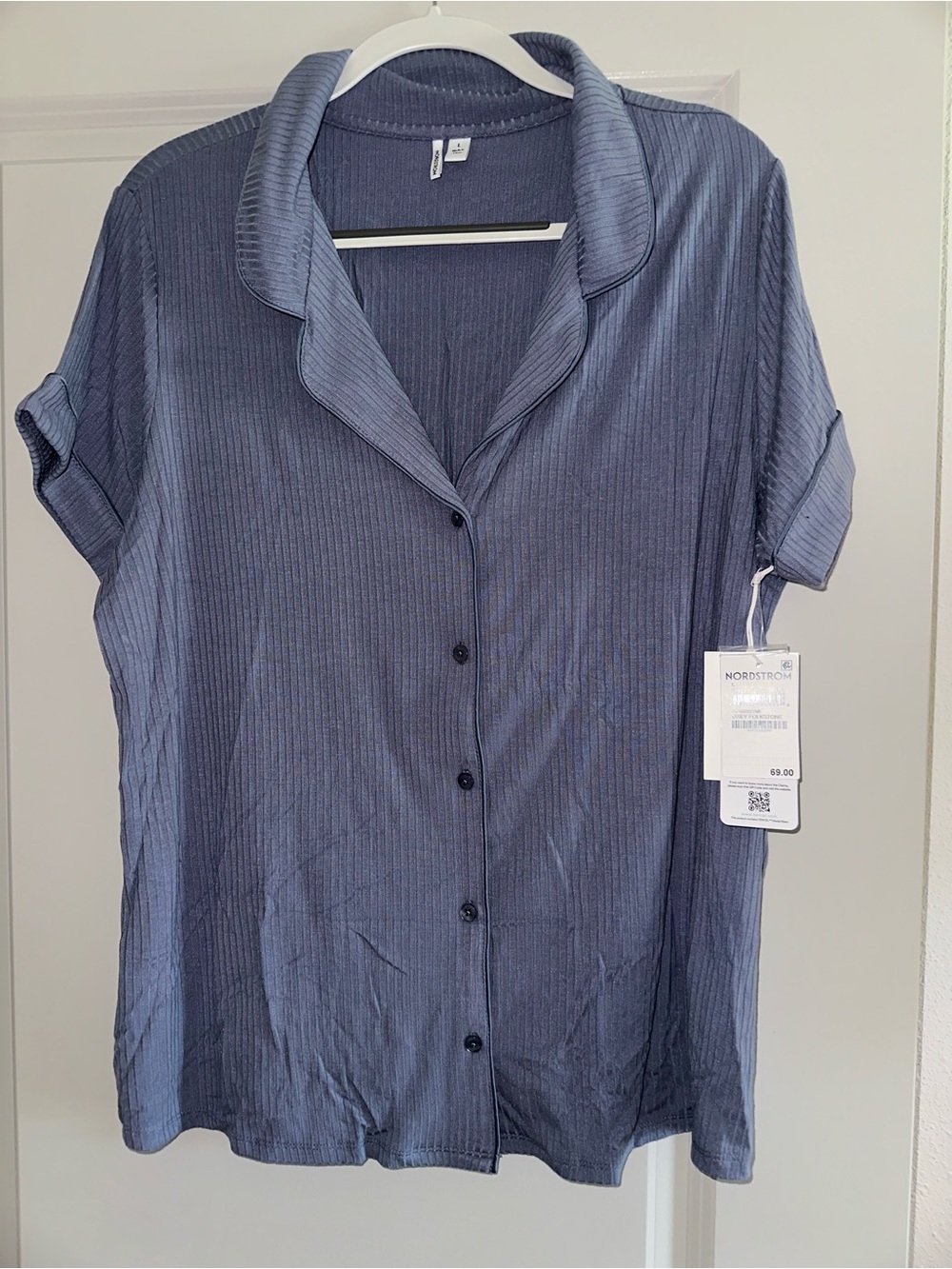 Nordstrom Slate Blue Ribbed Short-Sleeve Button Front Top